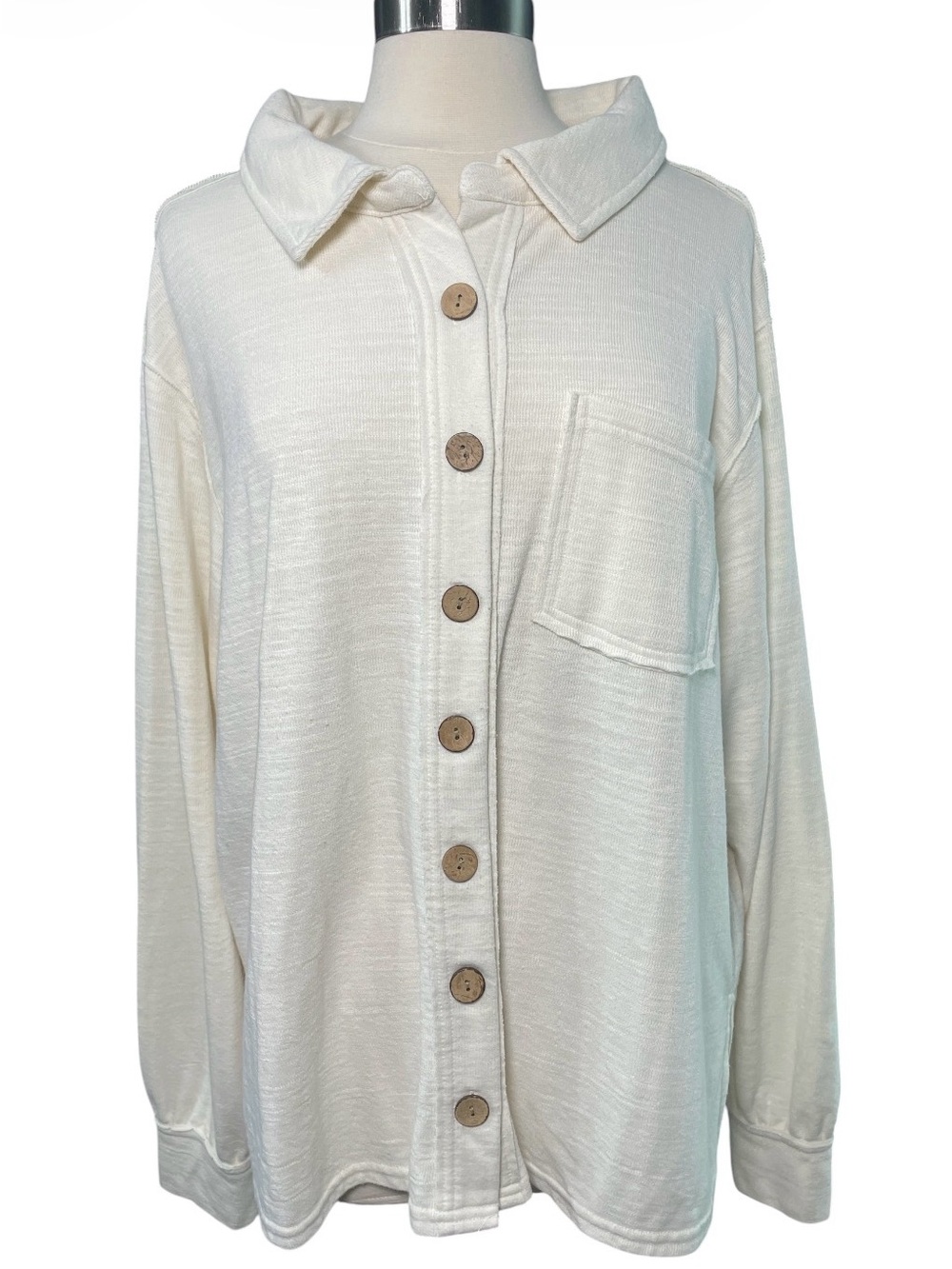 Cream Button-Front Collared Shirt Jacket